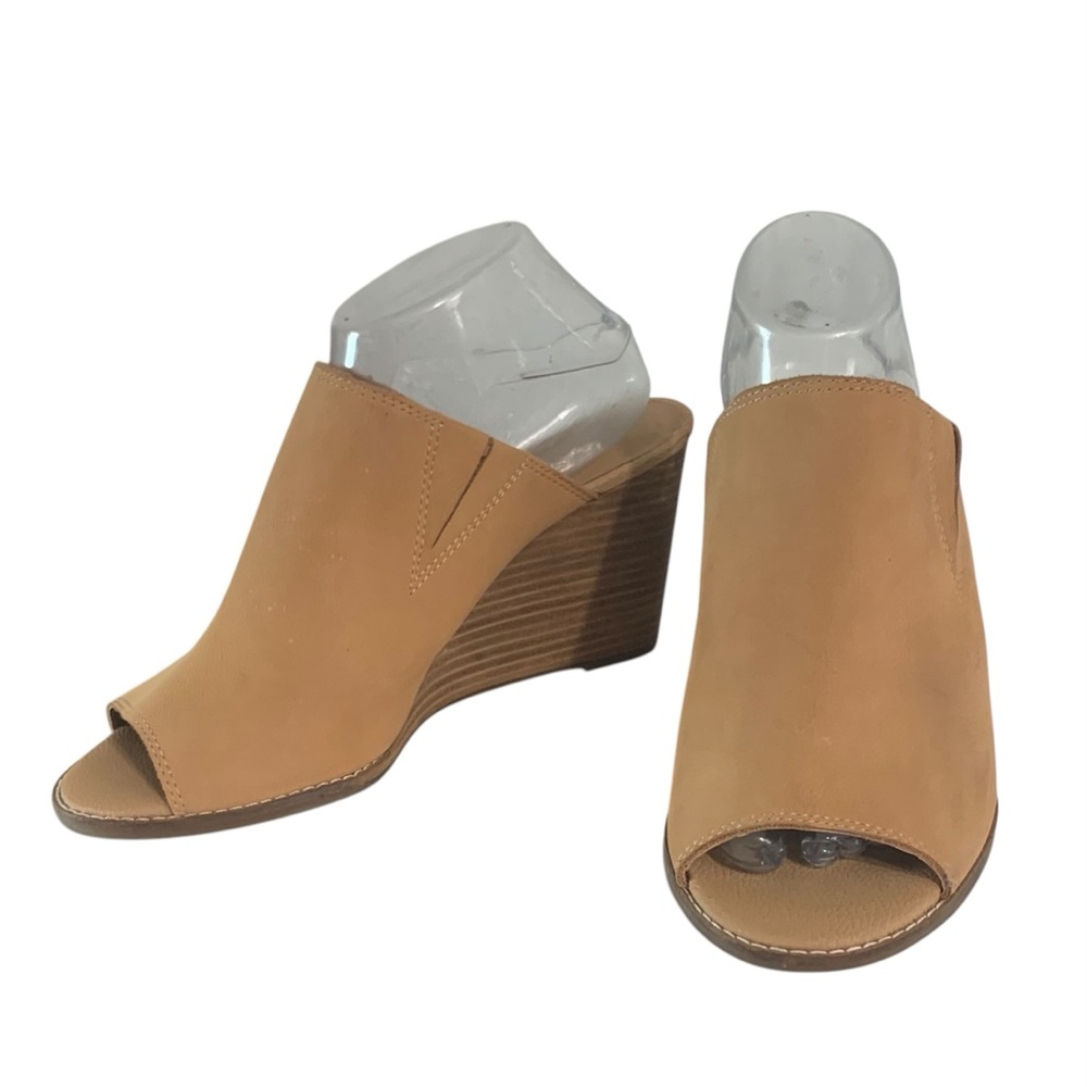 LUCKY BRAND Camel Leather Open Toe Wedge Mules Sz 10
